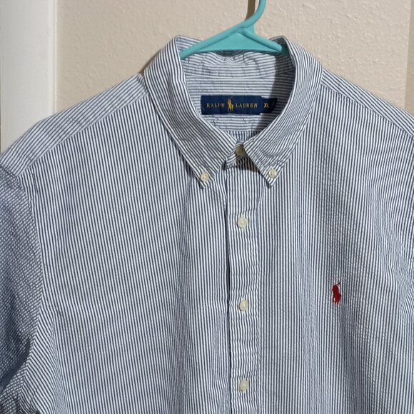 Ralph Lauren Men's Short Sleeve Button Down Shirt Size XL Blue White Pinstripe - Picture 7 of 11